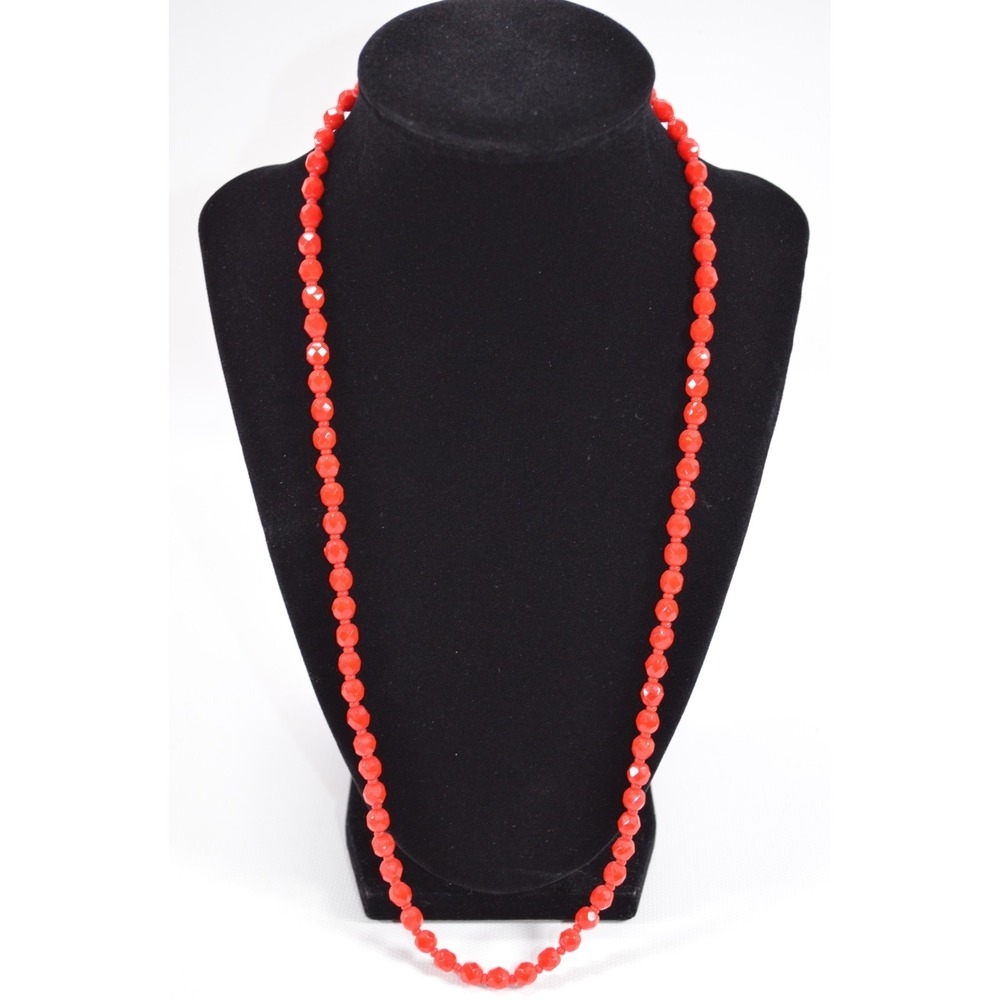 Vintage Handmade Glass Bead Necklace Small Round Red‎ Faceted Beads 24.5"